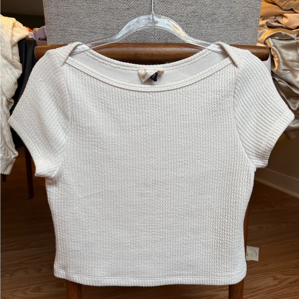 Universal Thread Cream Textured Short Sleeve Top with Wide Neck